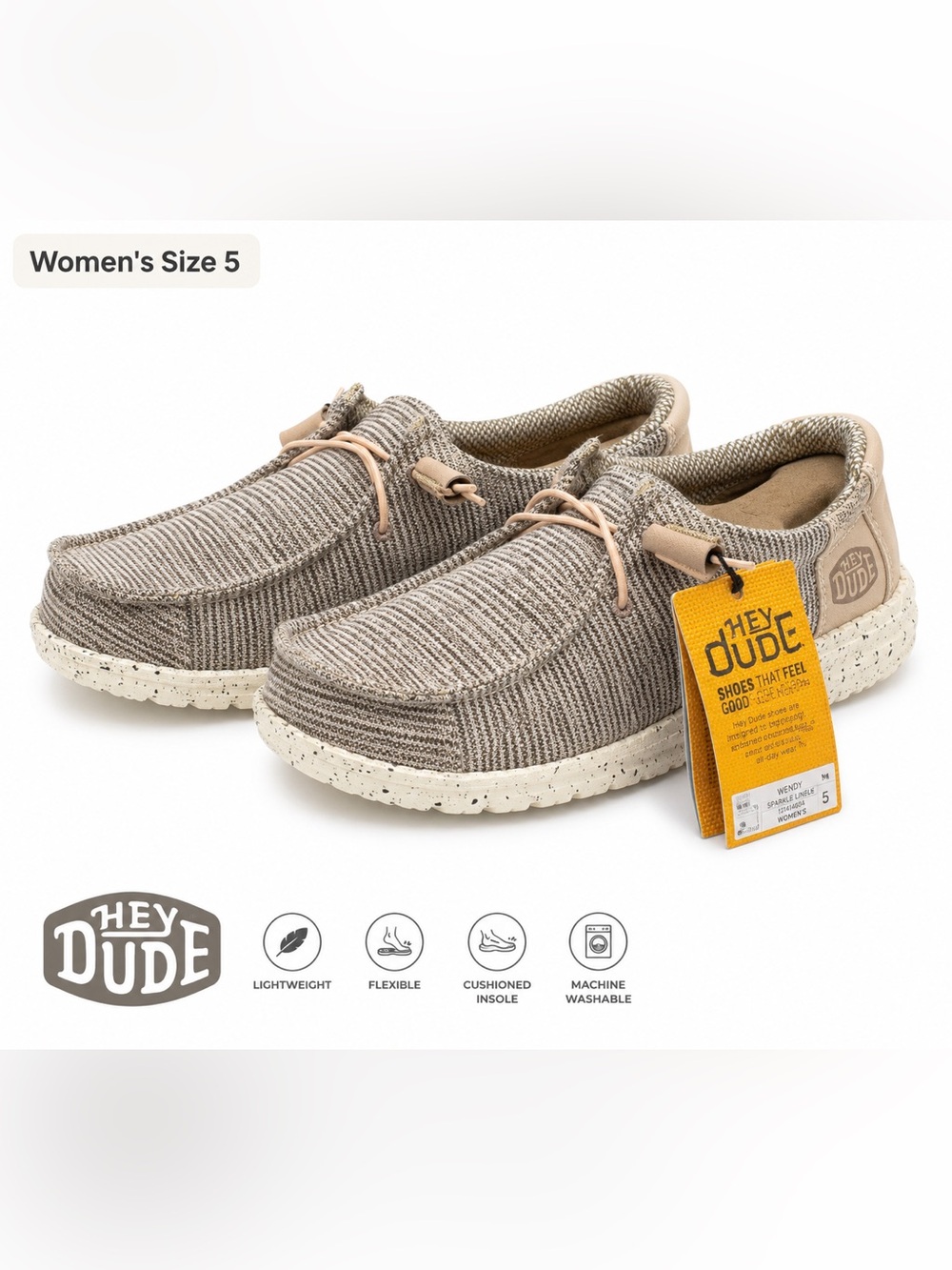NWT Hey Dude Wendy Sparkle Linen Women’s Size 5 Beige Slip On Shoes